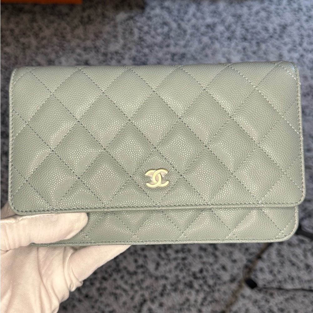 Chanel Wallet on Chain Light Blue Gray Caviar Leather